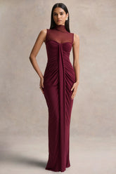 Brialle | Burgundy High-Neck Maxi Dress With Mesh And Gathered-Detailing
