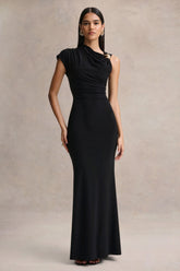 Blaire | Black Asymmetric-Neck Maxi Dress With Gold-Detailing