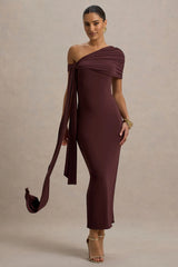 Praia | Chocolate Brown Asymmetric-Neck Midi Dress With Sash and Draped Detailing