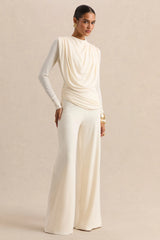 Raniella | White High-Neck Top With Gathered And Draped-Detailing