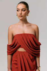 Talika | Terracotta Bardot Crop-Top With Draped Sleeves