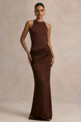Akari | Brown Crew-Neck Maxi Dress With Satin Skirt
