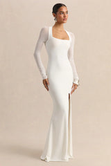 Fleurisia | White Square-Neck Maxi Dress With Mesh Long-Sleeves