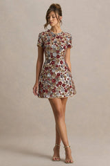 Eira | Red Floral Embellished Sequin Crew-Neck Mini Dress