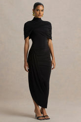 Enchant | Black Asymmetric Twisted Cape Midi Dress