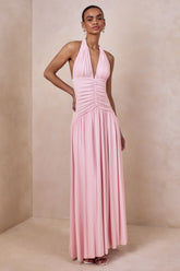 Bettina | Pink Plunge-Neck Maxi Dress With Gathered-Detailing
