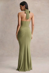 Polina | Olive High-Neck Maxi Dress With Drape And Gold-Detail