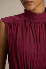 Melanina | Burgundy High-Neck Maxi Dress With Ruched Detailing