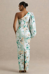 Kellis | Green Floral Print Asymmetric Maxi Dress With Balloon Sleeve