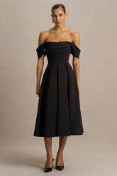 Cosima | Black Bardot-Neck Midi Dress