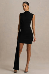 Sorenna | Black High-Neck Mini-Dress With Wrap And Sash Detail