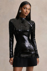 North | Black Sequin High-Neck Mini Dress With Pleats