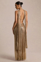 Anele | Gold Sequin High-Neck Sheer Maxi Dress With Sash And Open-Back