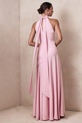 Luscious | Light Pink High-Neck Maxi Dress With Drop-Waist And Bow Detail
