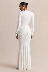 Palerma | White Draped Cowl-Neck Maxi-Dress With Gathered-Detailing