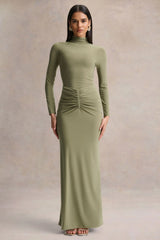 Persis | Olive High-Neck Maxi Dress With Gathered Detailing