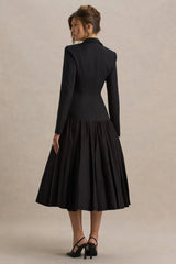Cosmopolitan | Black Plunge-Neck Tailored Midi Dress With Pleated Hem
