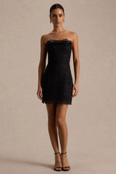 Kerry | Black Lace Bandeau Mini Dress With Bow-Detail