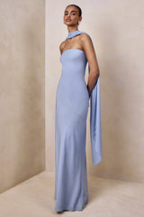 Charly | Powder Blue Satin Bandeau Maxi Dress With Scarf-Detail