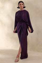 Delphina | Plum Satin Maxi Dress With Gathered And Knot-Detail