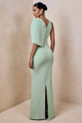 Quira | Mint Asymmetric-Neck Maxi Dress With Cape-Sleeve