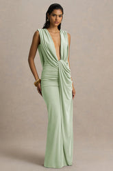 Serafina | Light Green Extreme-Plunge Neck Maxi Dress With Wrap And Ruched Details