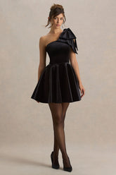 Keeley | Black Asymmetric-Neck Velvet Mini Dress With Bow Detail