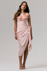 Letitia | Pale Pink Square-Neck Floral Detailed Wrap Midi Dress