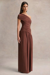 Emberly | Brown Draped Asymmetric-Neck Maxi Dress With Drop-Waist