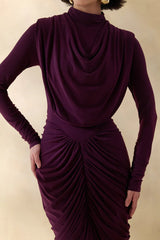 Harmona | Dark Plum High-Neck Maxi Dress With Gathered And Draped-Detailing