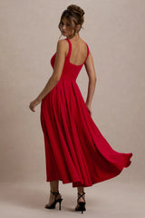 Parina | Red Strappy Volume-Hem Midi Dress