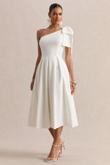 Meria | White Asymmetric-Neck Midi Dress With Bow-Sleeve