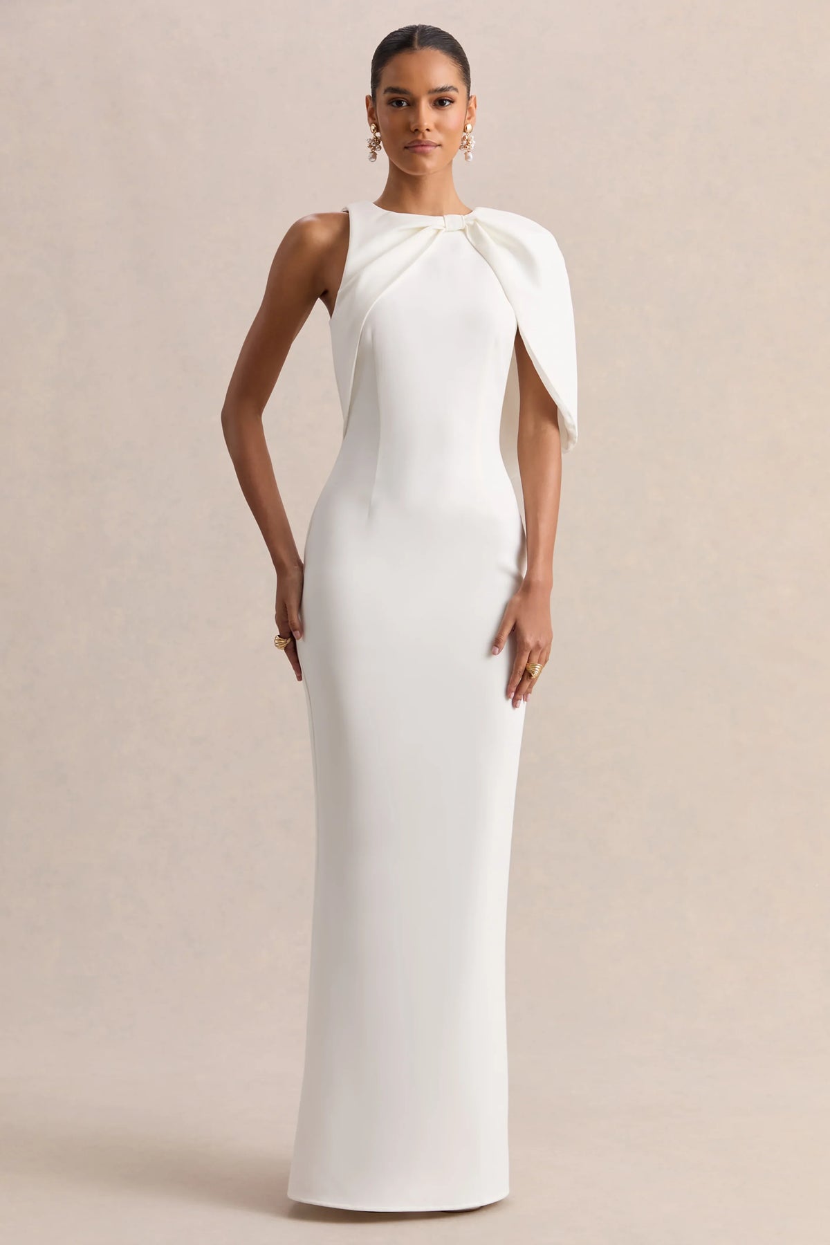 Quira | White Asymmetric-Neck Maxi Dress With Cape-Sleeve