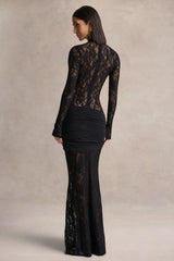 Akira | Black Lace Maxi Dress With Sash-Detail