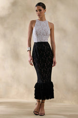 Vionna | Black And White Lace High-Neck Midi Dress With Bow-Belt Detail