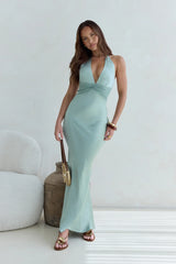 Destinations Halter Satin Maxi Dress Sage