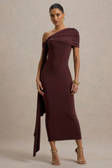 Praia | Chocolate Brown Asymmetric-Neck Midi Dress With Sash and Draped Detailing