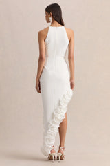 Indira | White Halter-Neck Maxi Dress With Asymmetric-Floral Hem