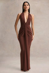 Lesley | Brown Plunge-Neck Maxi Dress