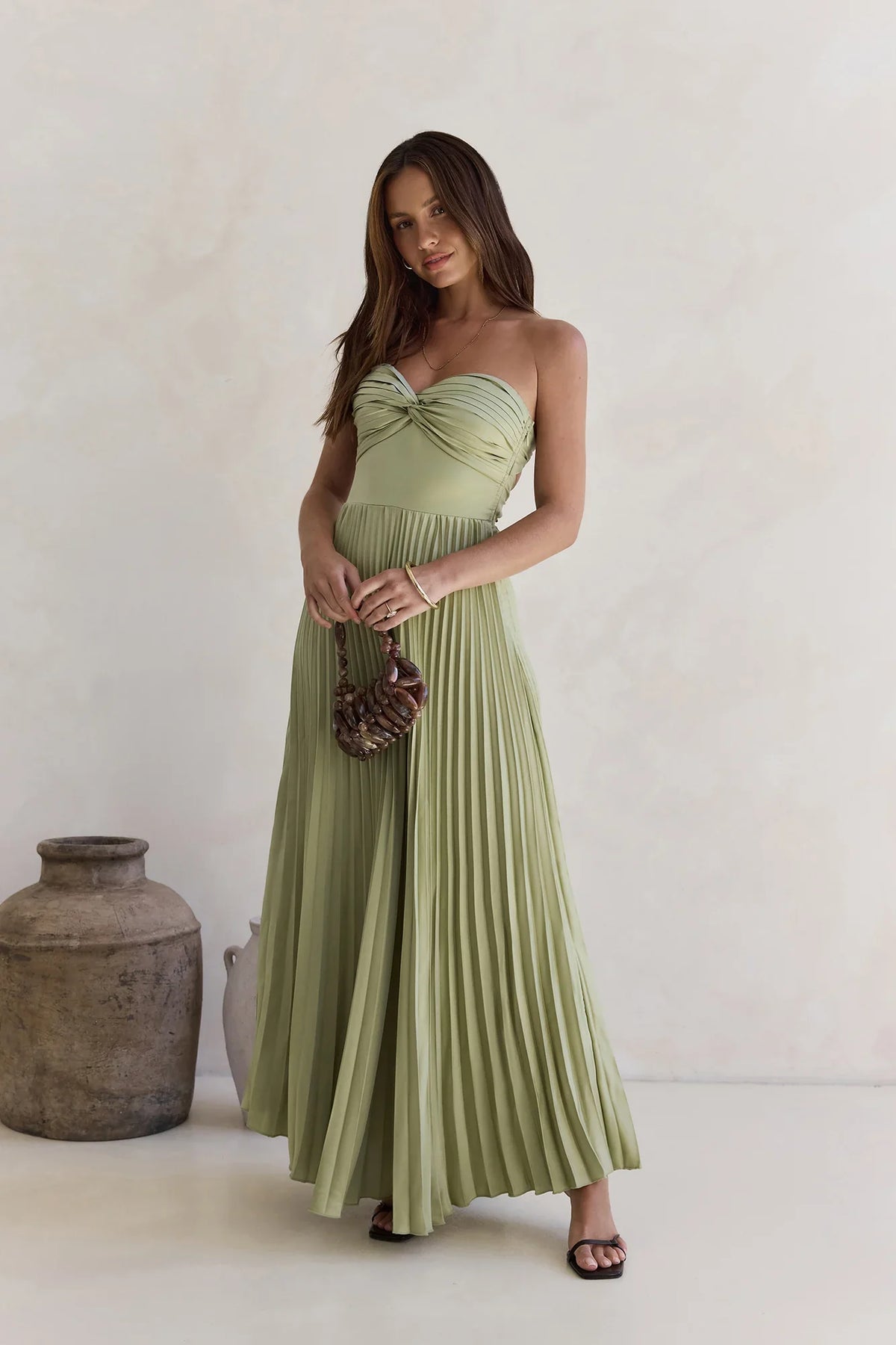 Decades Ago Plisse Strapless Maxi Dress Green