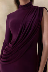 Oliria | Dark Plum High-Neck Maxi Dress With One-Long Sleeve And Sash-Detail
