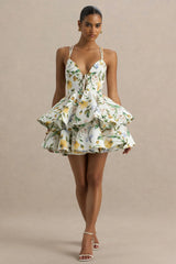 Flavia | White Botanical Print Plunge-Neck Ruffled Skater Micro-Mini Dress
