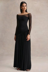 Bexley | Black Bardot-Neck Draped Maxi Dress With Long Mesh-Sleeves