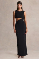 Roseth | Black High-Neck Maxi Dress With One-Sleeve And Body Cut-Out Detail