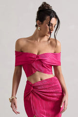 Seara | Hot Pink Plisse Twisted Bardot Crop Top