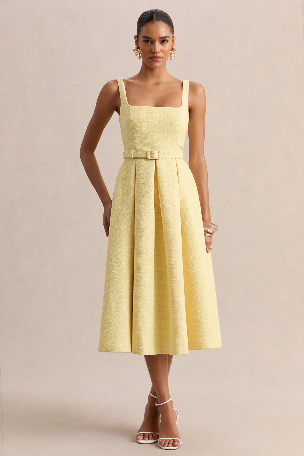 Camoria | Lemon Boucle Square-Neck Midi Dress