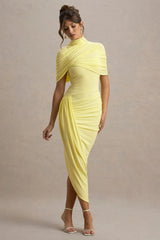Enchant | Lemon Asymmetric Twisted Cape Midi Dress