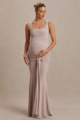 Baylin | Nude Square-Neck Maternity Maxi Dress With Ruched Detailing And Sash