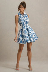 Paulie | Blue Porcelain Print Poplin Skater Mini Dress