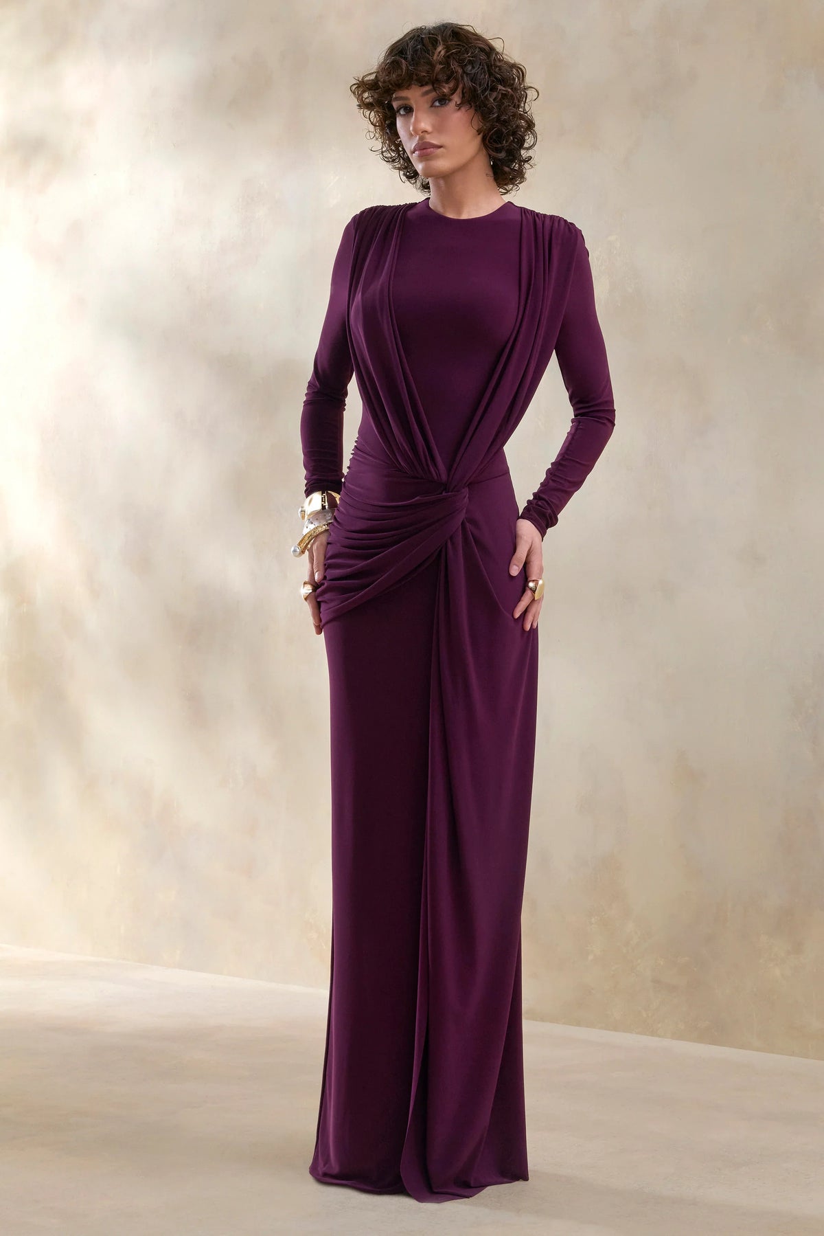 Desirelle | Plum Crew-Neck Maxi Dress With Gathered-Detailing